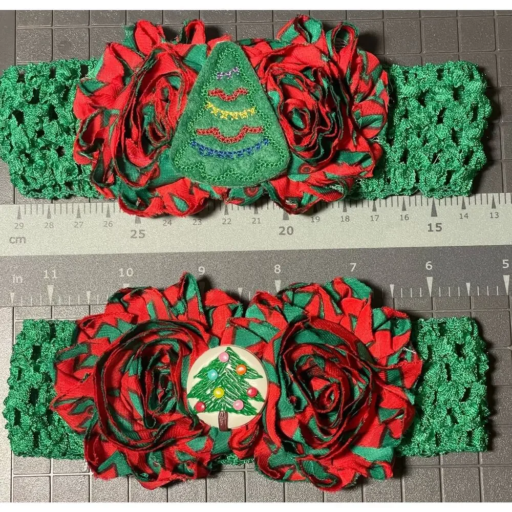 Baby Toddler Flower  Headbands Christmas Tree- Set of 2 green red handmade